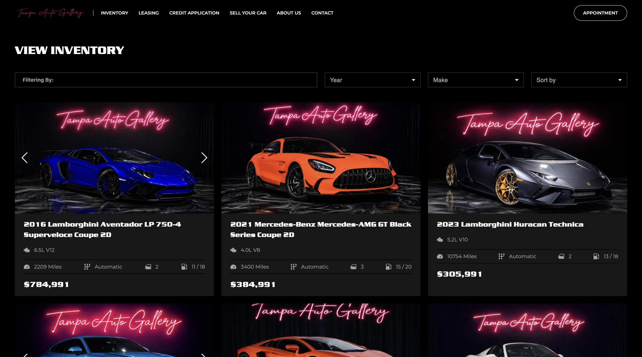 Tampa Auto Gallery automotive inventory system showing real-time vehicle listings on a custom web platform